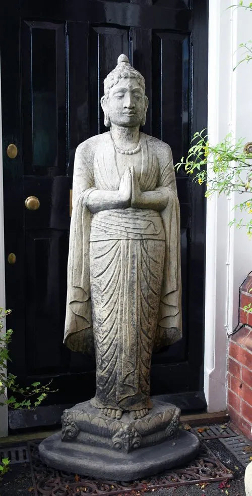 Tall stone Standing Buddha garden statue with hands in greeting