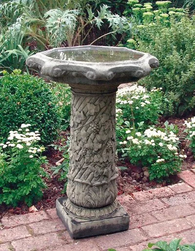 Stone Vine Birdbath with carved vine column in Burnt Umber finish