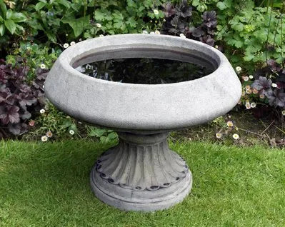 Stone Edwardian Birdbath with deep bowl on fluted pedestal