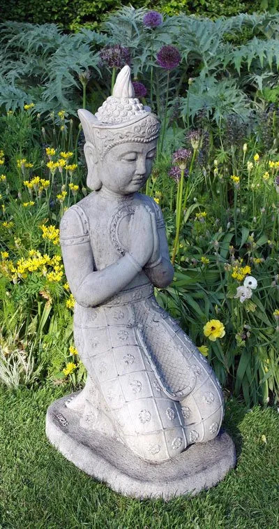 Stone Kneeling Buddha garden statue with hands in prayer