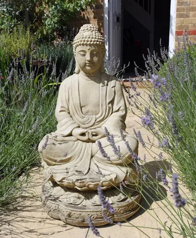 Stone Lotus Buddha garden statue seated on a lotus base